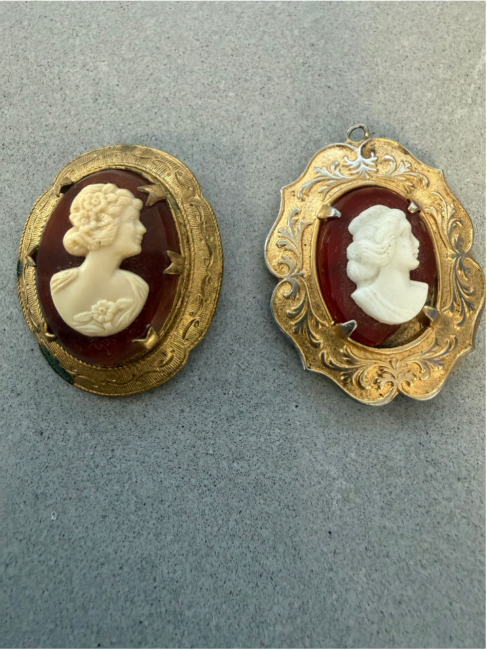 Vintage Cameo Brooch Pendant Lot 2 Red White Gold Tone Victorian Style AS IS
